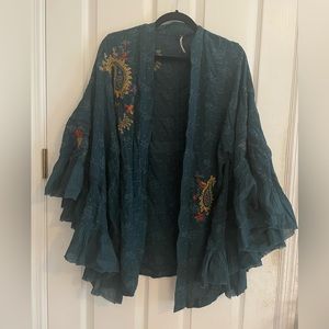 Free People Dottie West Embroidered Cutwork Ruffled Cardigan Kimono M/L